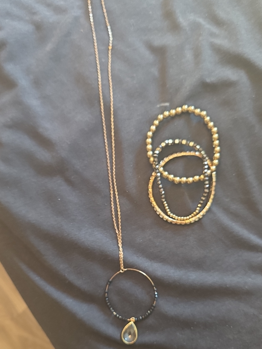 Gold and Black Circle Pendant Necklace with Teardrop Charm And 3 Bracelets